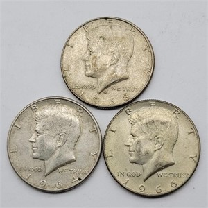3- KENNEDY SILVER HALF DOLLARS '64, '66 & '68D