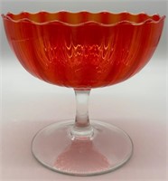 Red Scalloped Glass Compote w/ Clear Stand