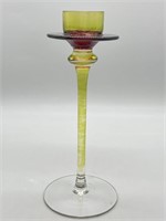 Yellow, Red w/ Clear Foot Art Glass Candlestick
