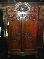 Carved wood armoire unlock (No key). 91x50x22.