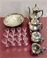 Lot: Silverplate Tea & Coffee Set, Pony Glasses.