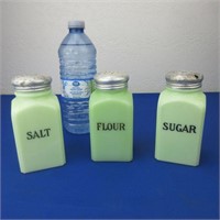 3 Vintage Jadeite Shaker Set Sugar, Flour & Salt