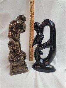 African Carved Wood Figure, Ceramic Kissing Figure