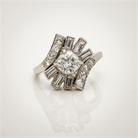 Art Deco Platinum GIA Diamond Cocktail Halo Ring