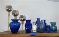 3 matching gold tinted stemmed glass & Blue glass