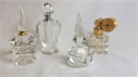 4 GLASS PERFUME BOTTLES W STOPPERS & ATOMIZER