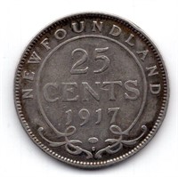 1917 Newfoundland 25 Cent Silver Coin