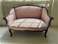 French Hand Carved Settee w/ Pink Fabric