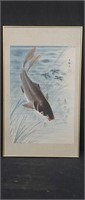 Asian painting of a koi fish and dragonflies