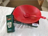 Plastic Salad Bowl w/ Spoon & Domino Tin