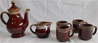 Unique Dip Glazed Tea Pot 10" & 4 Mugs & Creamer