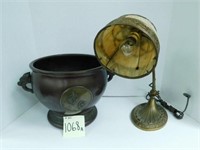 Caramel Slag Glass Lamp & Oriental Pot w/