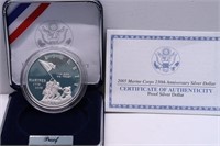 PROOF MARINE CORPS SILVER DOLLAR W BOX PAPERS