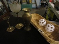 Basket w/Brass Candle Sticks , Vase & More
