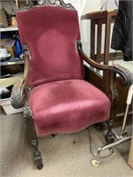 ANTIQUE UPHOLSTERED CARVED HALL CHAIR -