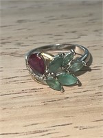 Sterling Silver Ring w/ Ruby and Emeralds Size 7.2