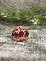 .925 Sterling Silver Red and Orange Coral Ring