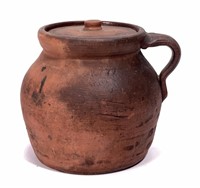 Redware bean pot with handle & lid, 6.5" dia.,
