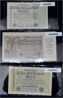 3 pcs German 1923 Marks 5 / 10 & 500 Million