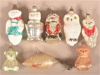 Eight Vintage Animal-Form Glass Christmas Ornament