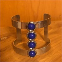 Silver Tone & Blue Stone Wide Cuff Bracelet