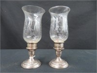 PAIR STERLING SILVER CANDLESTICKS W/ GLASS SHADES
