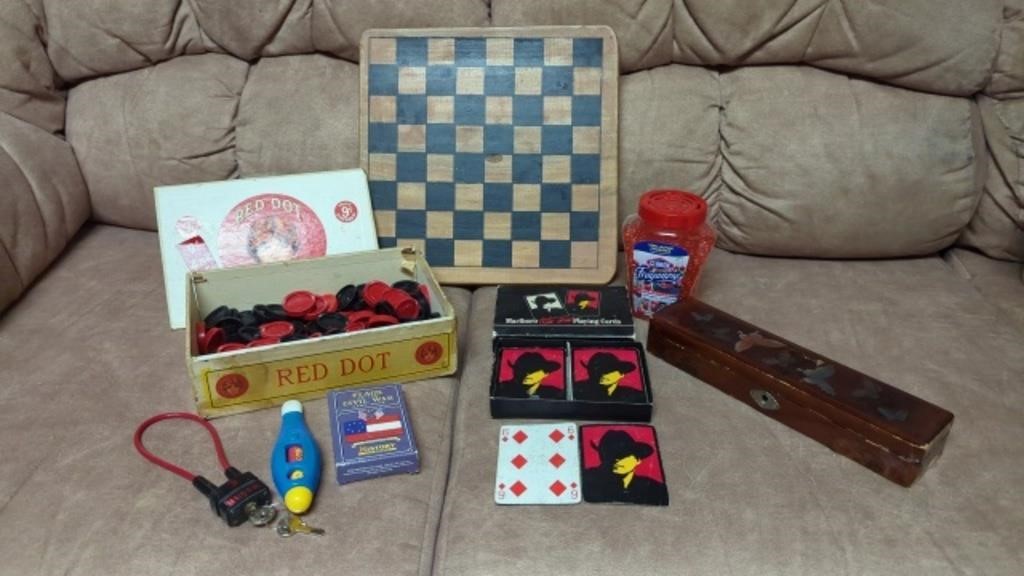 CIGAR BOX FULL OF CHECKERS- WOOD CHECKER BOARD-