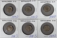 Six Buffalo Nickels, Various Dates