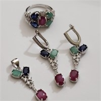 $400 Silver Ruby Emerald And Sapphire Ring Pendant