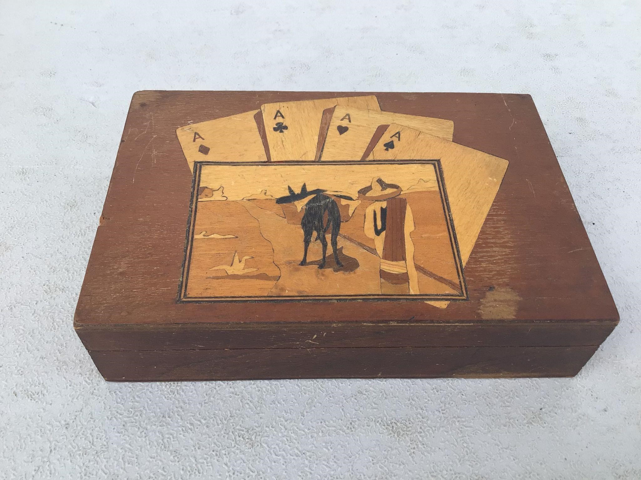 MAN AND BURRO - LIFT TOP PLAYING CARDS WOOD BOX