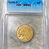 1909-D $5 Gold Half Eagle ICG - MS62