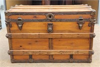 Antique Wooden Trunk With Metal Straps & Corners