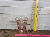 MCM lucite candlestick in holder/pink glass vase