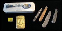 Lot, 4 Victorian-era knives, Bermuda match safe