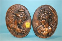 Pair Art Noveau Women Heavy Copper Plaques