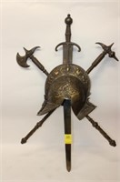 Medieval Display of Helmet & Sword 32"L