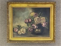 Oil Painting of Roses in Gold Frame