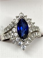 SILVER 2+CT BLUE SOLITAIRE/WHITE SAPPHIRE RING
