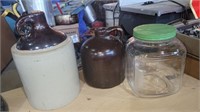 2 crock jugs and glass jar