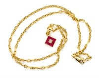 Ruby and diamond set 18ct gold pendant and chain