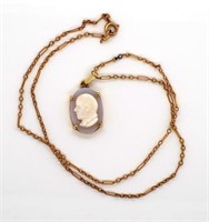 A cameo set gold pendant and chain