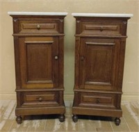 Henri II Style Marble Top Oak Side Cabinets.