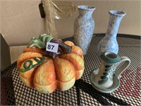 PUMPKIN DISH WITH LID, VASES, AND CANDLE HOLDER