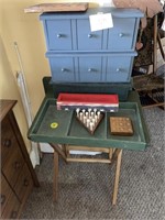 2 wooden tray tables and assorted wood items