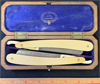 RARE EARLY PAIR OF STRAIGHT RAZORS & OG OAK CASE