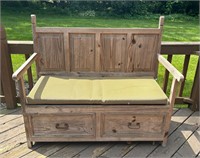 Wooden Bench w/green and tan cushion
