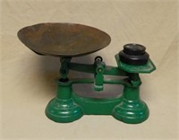 Painted Green Counter Balance Scales with Weights.