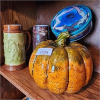 Ceramic Pumpkin, 2 Steins & Girl Scout Tin