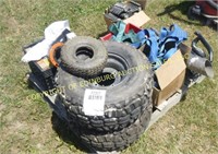 PALLET OF MISC UTV TIRES, LEAF BLOWER & STRAPS