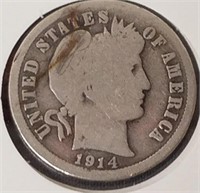 1914 silver Barber dime